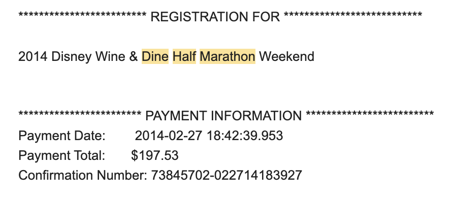 My original 2014 Wine & Dine Half Marathon receipt